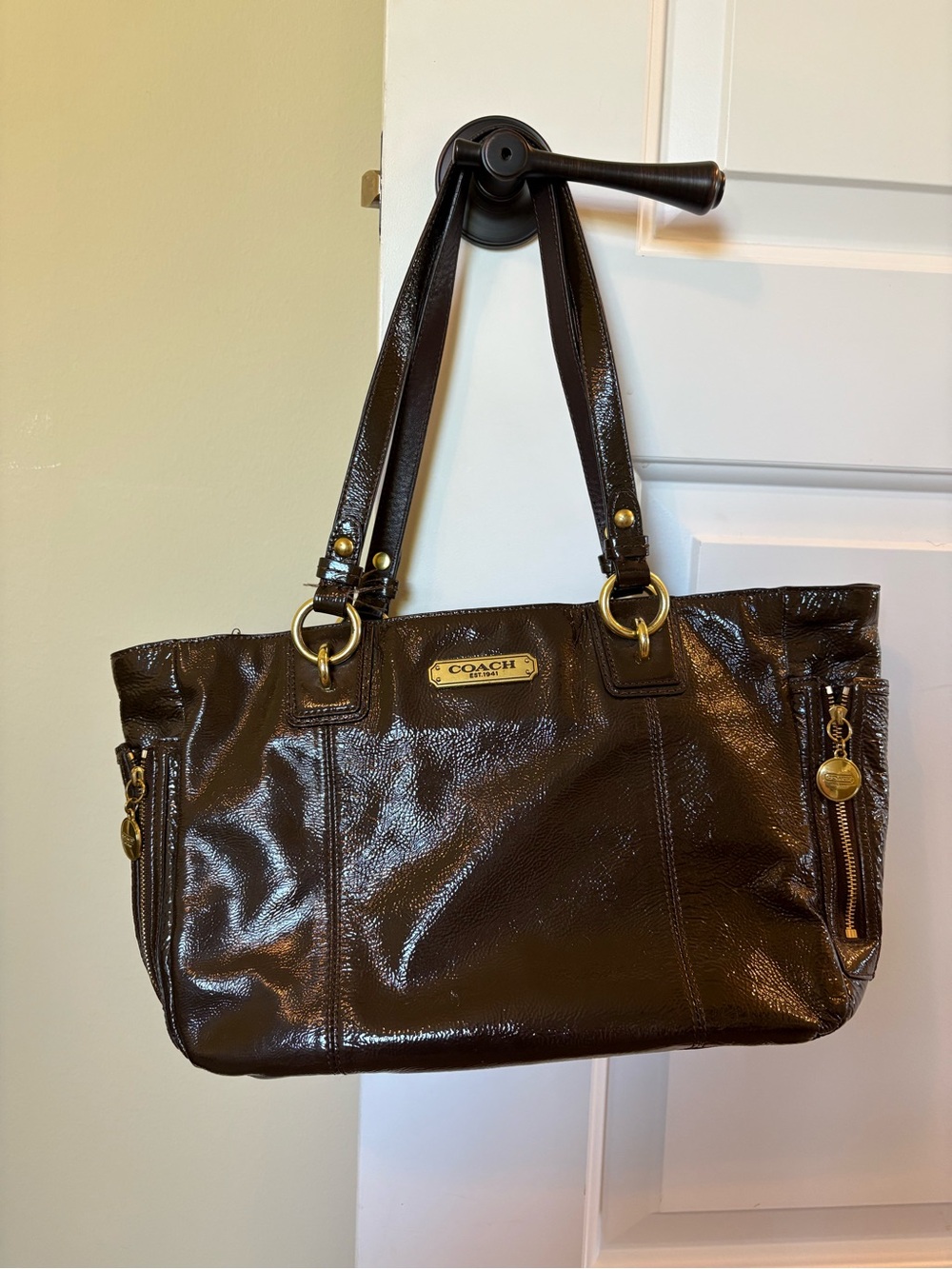 Coach Dark Brown Patent Leather Shoulder Bag with Gold Hardware